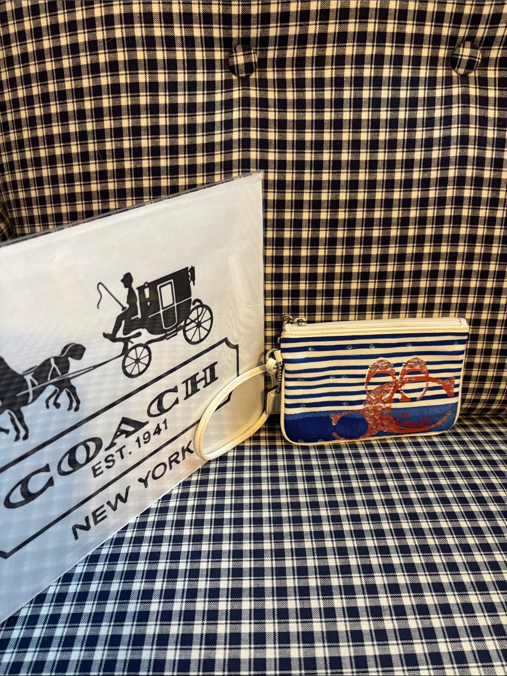 Coach Striped sparkle Wristlet Card Case in Blue, White & Orange